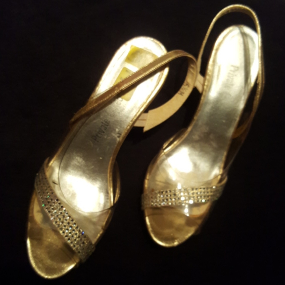 PRIVATE COLLECTION ♡ Gorgeous Gold|Clear Embellished Bling Slingback Heels 5.5